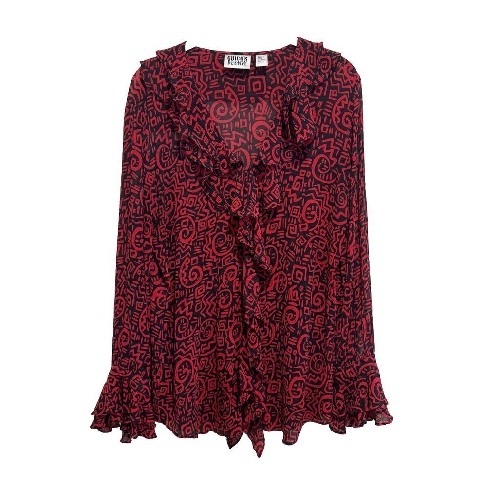 Chicos Design Womens Size 1 Semi Sheer Silk  Red Black Blouse